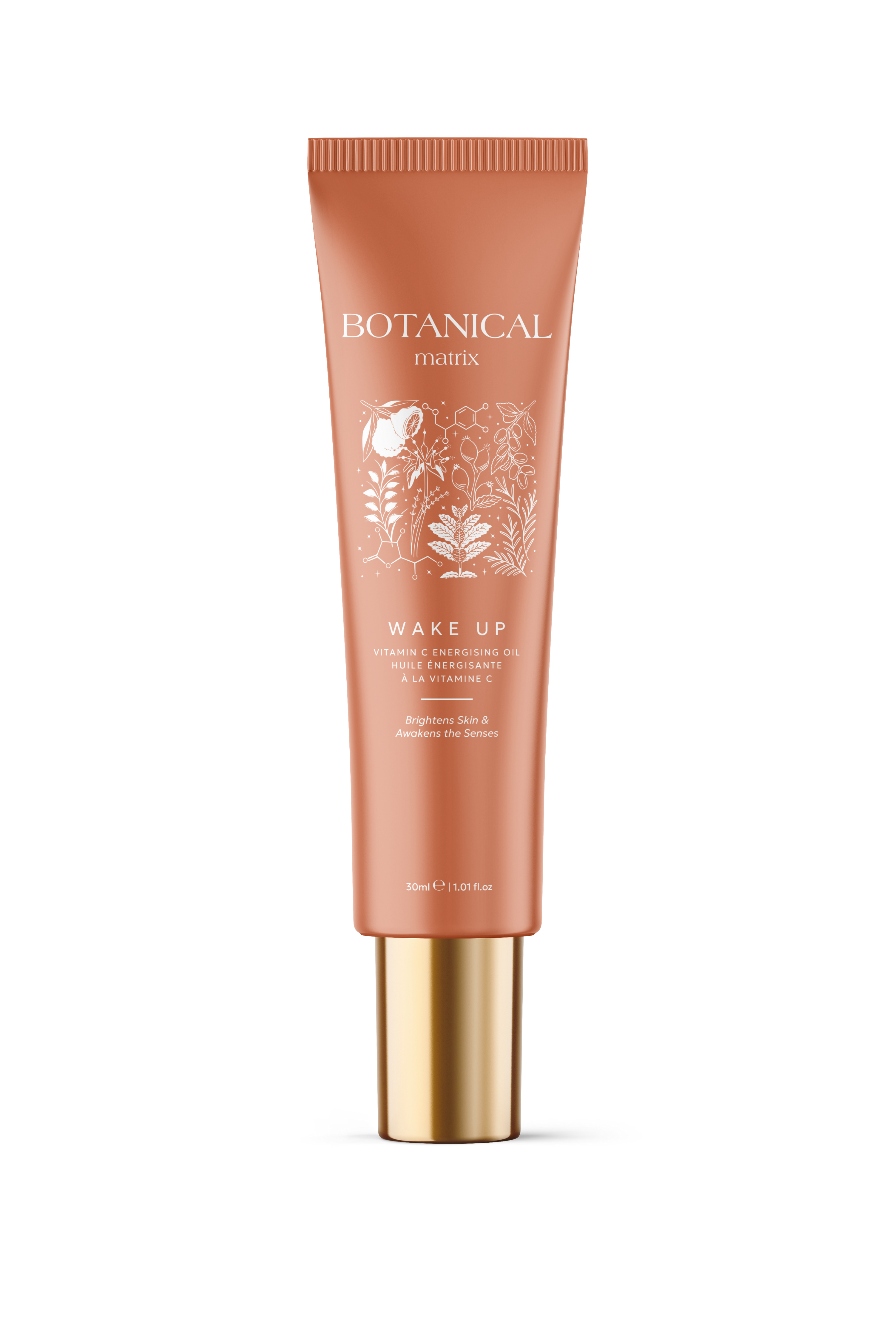 The front of our beautiful Botanical Matrix WAKE UP tube, perfect for travel, gym workouts, yoga classes, and anything on the go. This is your go-to skin revival, whenever, wherever.
